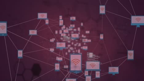Animation-Der-Datenverarbeitung-über-Ein-Netzwerk-Von-Verbindungen-Auf-Violettem-Hintergrund