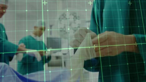 Animation-of-grid-and-markers-over-caucasian-surgeons-putting-gloves-on