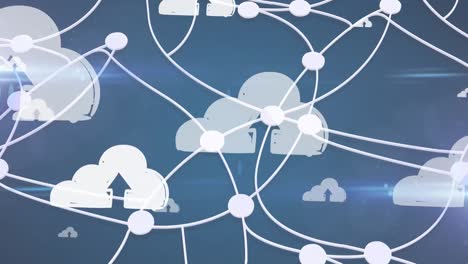 Animation-of-network-of-connections-with-cloud-icons-on-blue-background