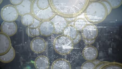 Animation-of-data-processing-and-globe-over-floating-clocks