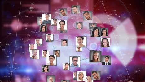 Animation-of-photos-of-diverse-male-and-female-businesspeople-rotating-over-globe