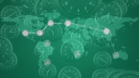 Animation-of-floating-clocks-over-world-map-and-network-of-connections