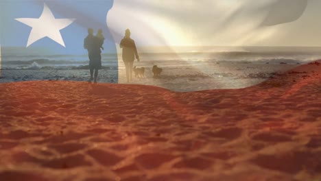 Animation-of-flag-of-chile-over-caucasian-parents-with-child-and-dogs-at-beach
