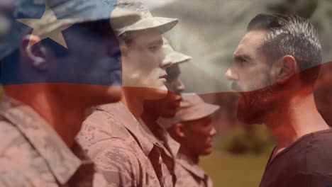 Animation-Der-Chilenischen-Flagge-über-Verschiedenen-Männlichen-Soldaten-Mit-Anführer
