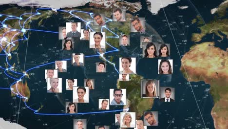 Animation-of-photos-of-diverse-male-and-female-businesspeople-over-globe-and-world-map