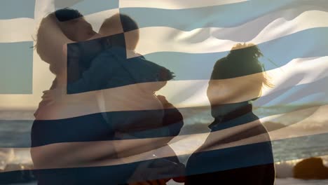 Animation-of-flag-of-greece-over-caucasian-parents-with-child-at-beach