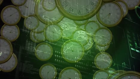 Animation-of-data-processing-and-world-map-over-floating-clocks