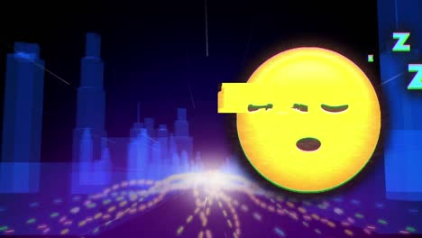 Animation-of-sad-emoticon-over-lines-moving-fast-on-metaverse-city-background