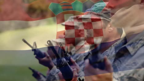 Animation-of-flag-of-croatia-over-diverse-male-soldiers-with-weapons