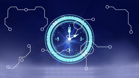 Animation-of-data-processing-with-clock-on-blue-background