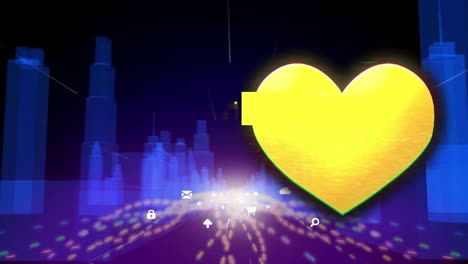 Animation-Von-Herzen-über-Internet-Symbolen,-Die-Sich-Schnell-Auf-Dem-Hintergrund-Der-Metaverse-Stadt-Bewegen