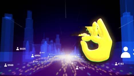Animation-of-hand-over-user-icons-with-increasing-numbers-moving-fast-on-metaverse-city-background