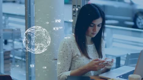 Animation-of-globe-with-numbers-over-caucasian-businesswoman-using-smartphone