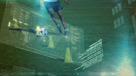 Animation-of-data-processing-over-african-american-male-soccer-player-dribbling-at-stadium