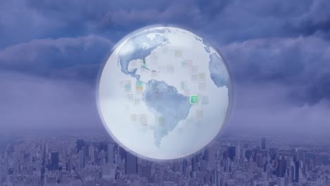 Animation-of-data-processing-with-globe-over-cityscape