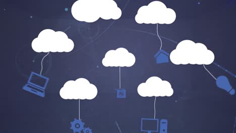 Animation-of-cloud-icons-over-network-of-connections-on-black-background