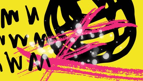 Animation-of-pink-and-black-shapes-moving-over-yellow-background
