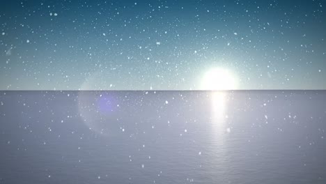 Animation-of-snow-falling-over-sun-reflecting-in-sea