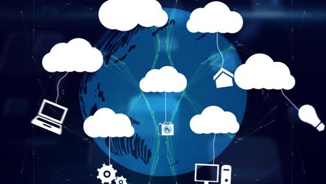 Animation-of-digital-clouds-with-diverse-computer-devices-over-globe