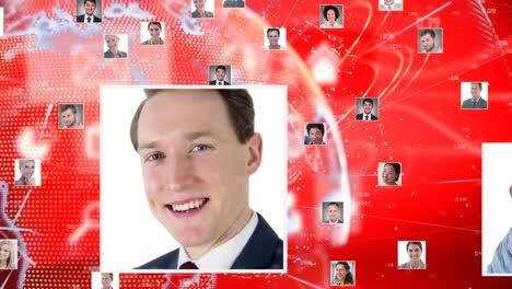 Animation-of-photos-of-diverse-male-and-female-businesspeople-rotating-over-globe-on-red-background