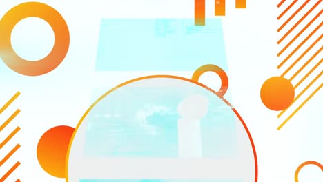 Animation-Orangefarbener-Kreise-Und-Linien-über-Sich-Bewegenden-Blauen-Bildschirmen