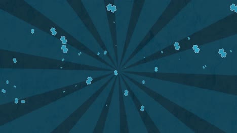 Animation-of-blue-puzzles-floating-over-rotating-striped-dark-blue-background