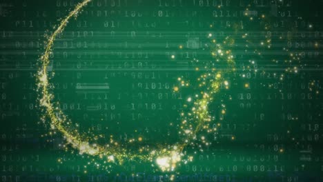 Animation-of-lights-over-binary-code-on-green-background