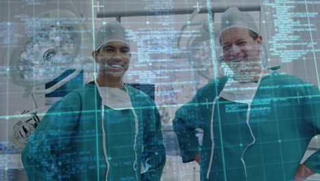 Animation-of-data-processing-over-smiling-caucasian-male-surgeons