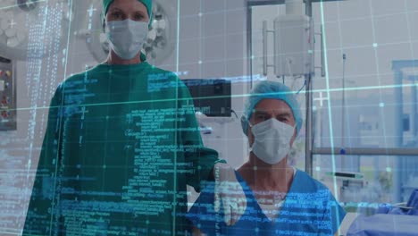 Animation-of-data-processing-over-diverse-male-surgeons-in-face-masks