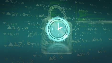 Animation-of-moving-clock-and-digital-padlock-over-green-background-with-financial-data