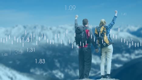Animation-of-data-processing-over-caucasian-couple-raising-hands-in-mountains