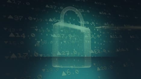Animation-of-purple-shape-over-digital-padlock-on-green-background-with-financial-data