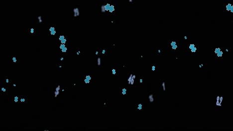 Animation-of-blue-puzzles-and-numbers-floating-over-black-background