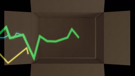 Animation-of-statistics-processing-with-lines-over-cardboard-box-on-black-background