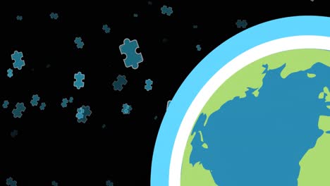 Animation-of-puzzles-floating-over-globe-on-black-background