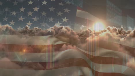 Animation-Der-Datenverarbeitung-über-Wolken-Und-Flagge-Amerikas