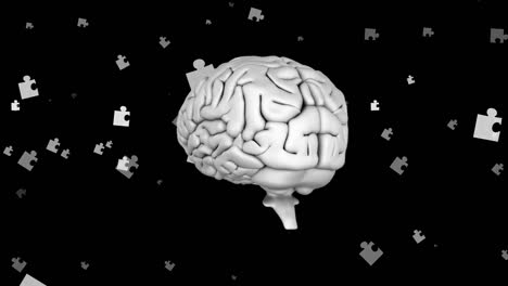 Animation-of-rotating-brain-over-puzzles-floating-on-black-background