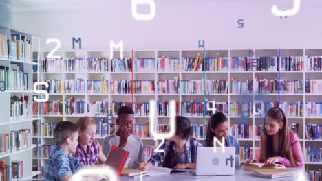 Animation-of-diverse-group-of-students-in-school-library-using-laptops