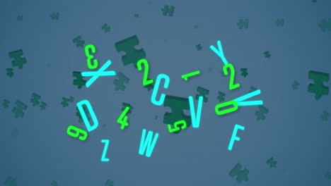 Animation-of-green-puzzle-pieces-and-letters-falling-over-blue-background