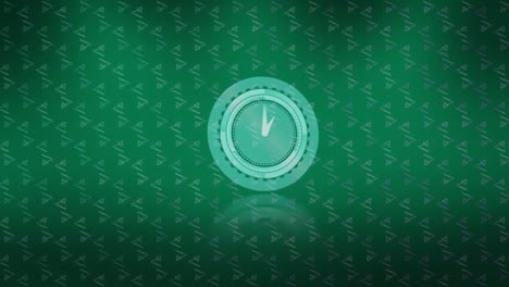 Animation-of-red-geometrical-shapes-over-moving-clock-on-green-background