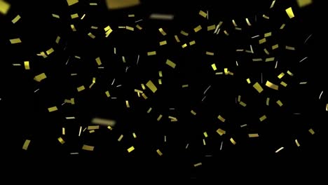 Animation-of-golden-confetti-writing-and-golden-confetti-falling-on-black-background