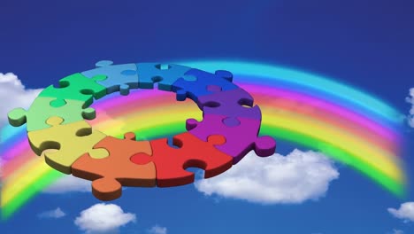Animation-of-puzzles-over-sky-and-rainbow