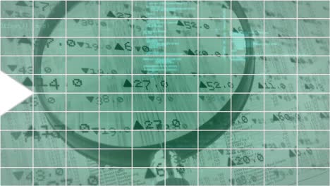 Animation-of-arrows-moving-over-magnifier-on-green-background-with-financial-data