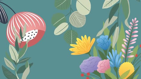 Animation-Von-Blumen-Und-Blättern,-Die-Sich-Auf-Grünem-Hintergrund-Bewegen