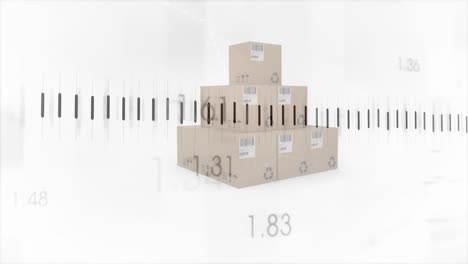 Animation-of-statistics-processing-over-cardboard-boxes-on-white-background