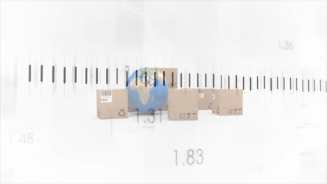 Animation-of-statistics-processing-over-globe-and-cardboard-boxes-on-white-background