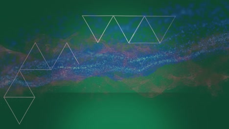 Animation-of-triangles-and-glitter-over-green-background