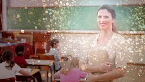 Animation-of-light-spots-over-happy-caucasian-female-teacher-with-book-and-diverse-schoolchildren