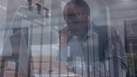 Animation-of-financial-data-and-graphs-moving-over-african-american-man-using-smartphone-and-laptop