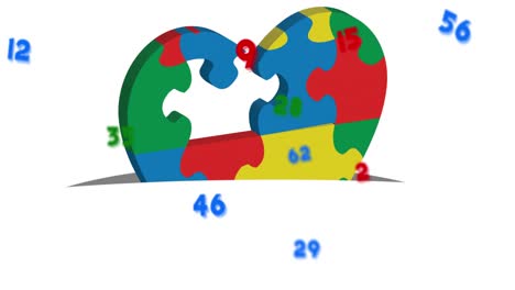 Animation-of-heart-formed-with-puzzle-pieces-and-numbers-over-white-background
